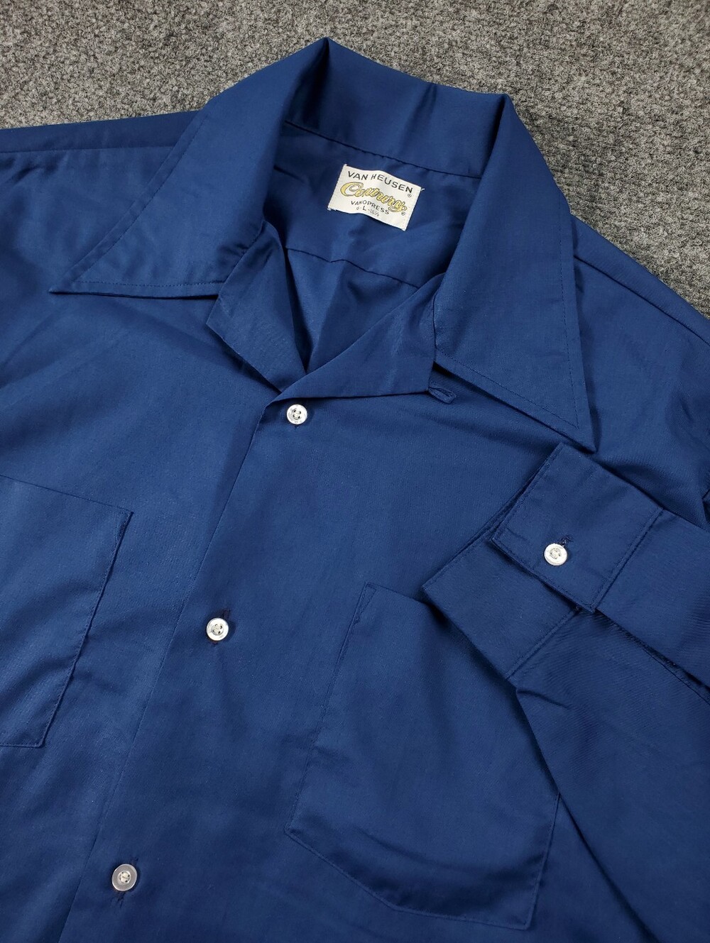 Vintage 60s Van Heusen Loop Collar Shirt Century VanoPress Large Rockabilly Blue - Picture 9 of 9